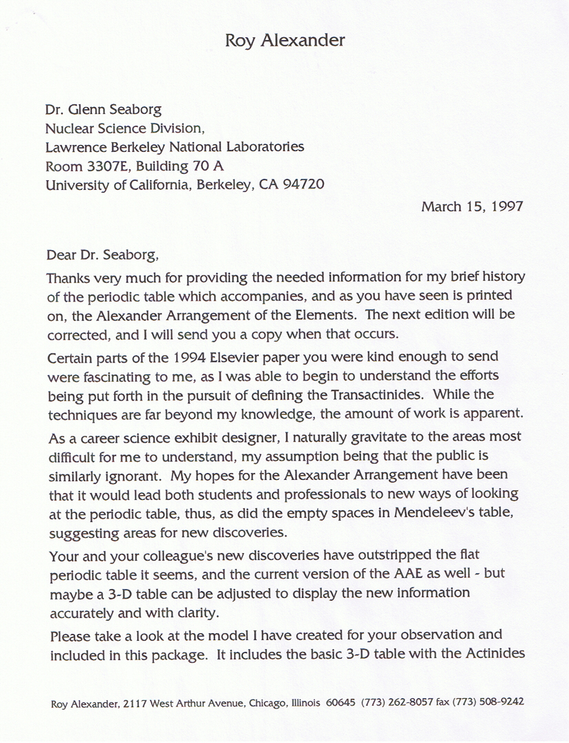 Letter from Roy Alexander to Glenn T. Seaborg discussing information provided by Dr. Seaborg concerning the Lanthanides and Actinides.