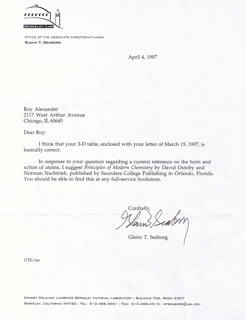 Letter from Glenn T. Seaborg to Roy Alexander with approval of the connections and constructions of the Alexander Arrangement of Elements.