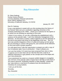 Letter from Roy Alexander to Glenn T. Seaborg thanking him for information provided during a previous phone call, accompanying a model of the Alexander Arrangement of Elements