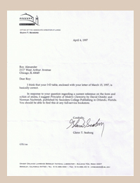 Letter from Glenn T. Seaborg to Roy Alexander with approval of the Alexander Arrangement of Elements